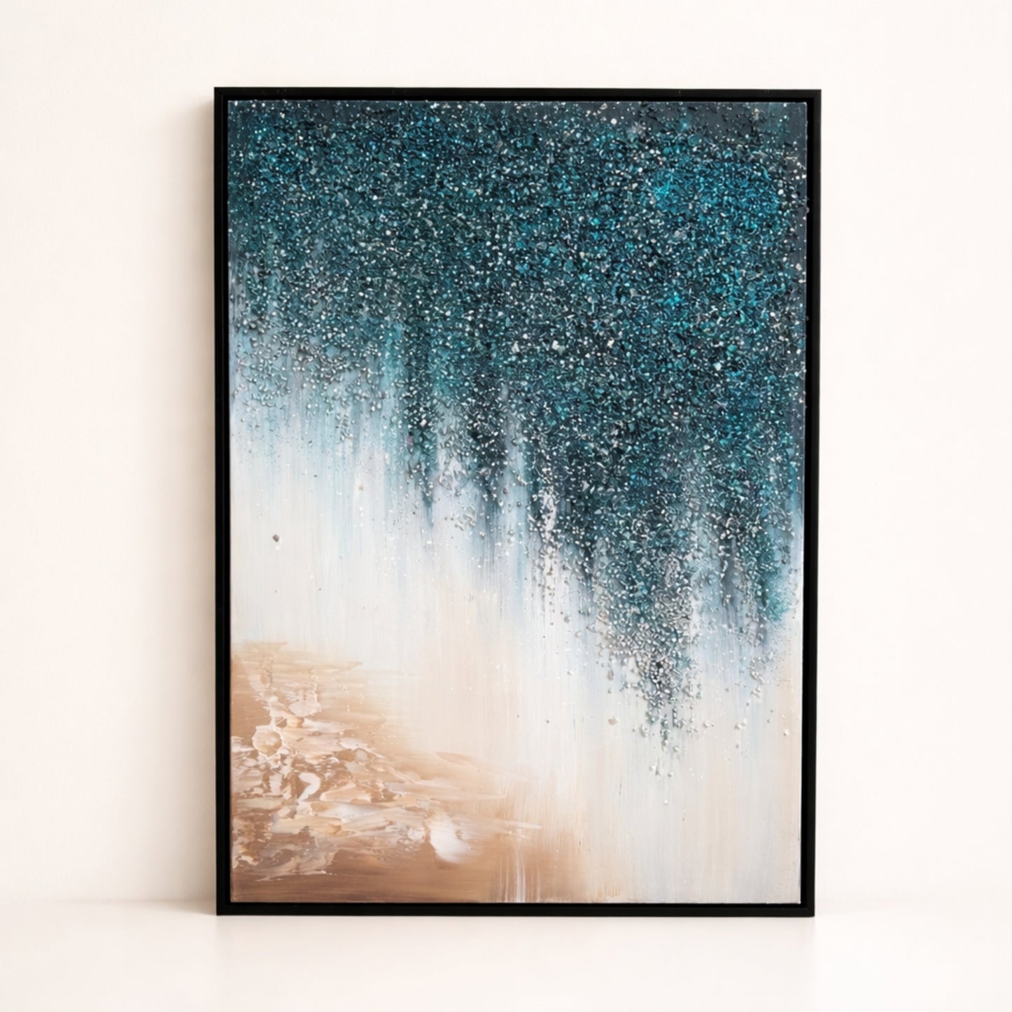 Blue Veil hand painted oil painting 50x70cm minimalist wall art NZ black wood frame front view