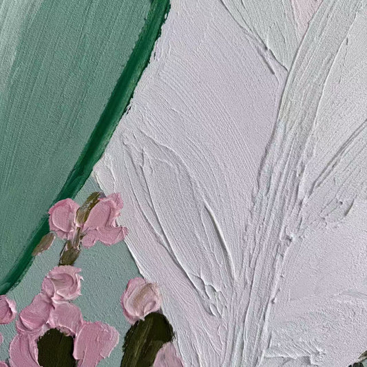 Blush Leaves textured oil painting detail botanical wall art blush and green leaves