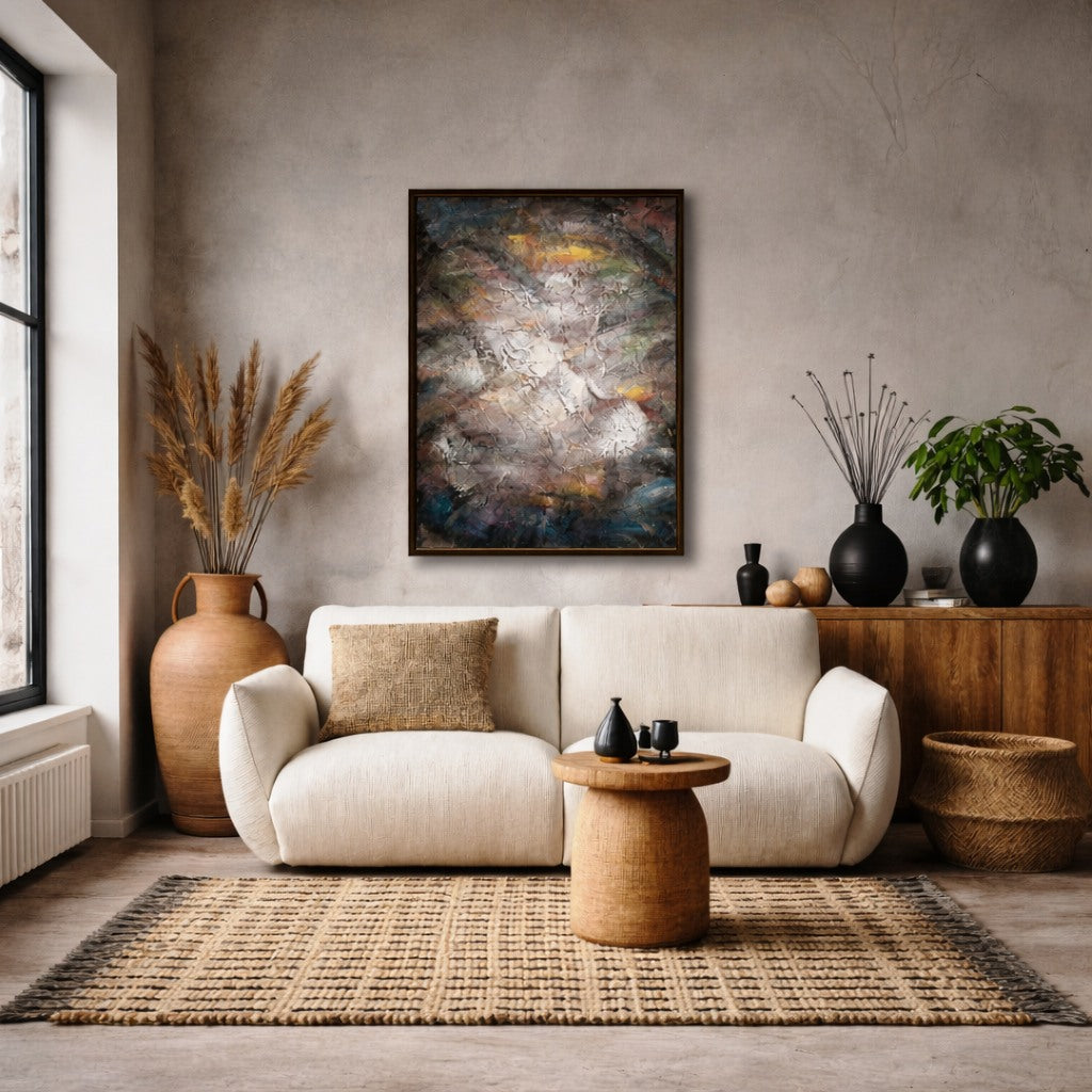 Ember Vein hand painted abstract wall art NZ 70x100cm styled in a contemporary living room