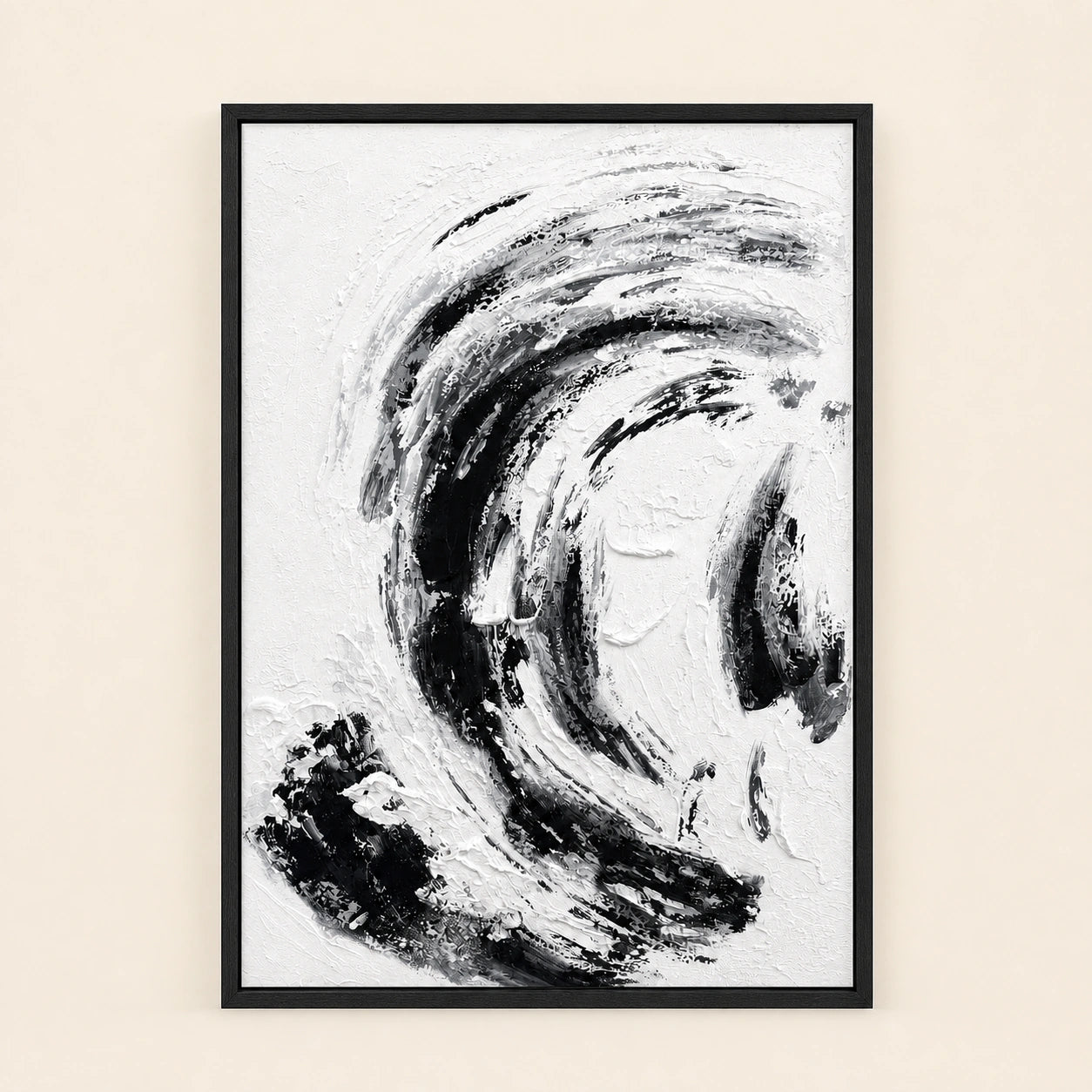 Black Tide hand painted textured oil painting in black wood frame, 70 x 100 cm