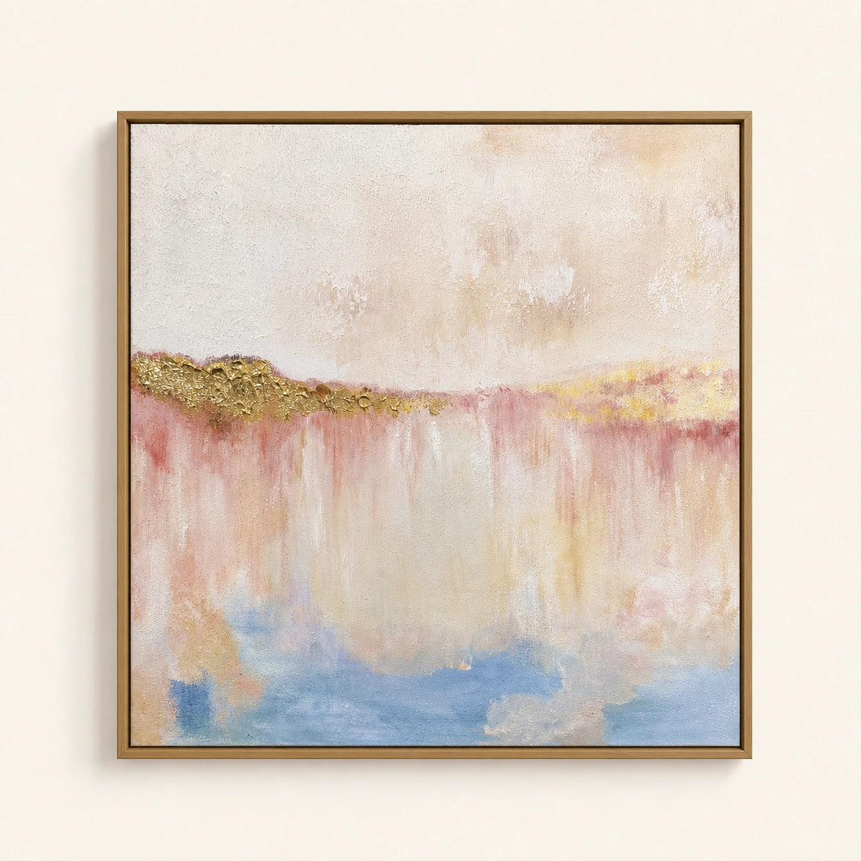 Gilded Shore hand-painted textured landscape wall art with blush lake tones and raised gold mountain detail