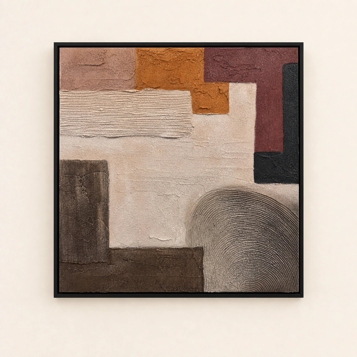 Grounded hand painted textured oil painting in black wood frame, 60 x 60 cm