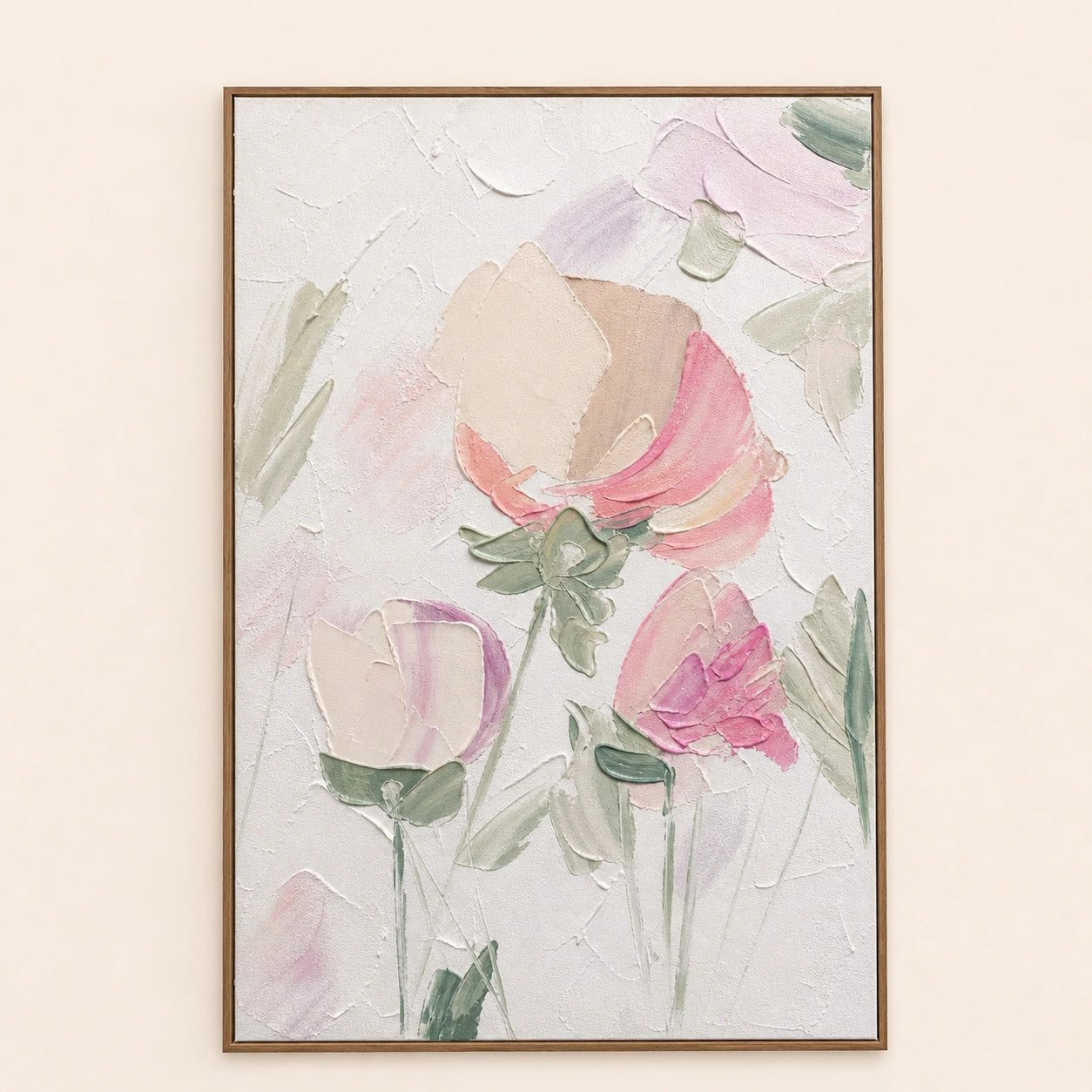 Soft Bloom hand painted textured oil painting in natural wood frame, 70 x 100 cm