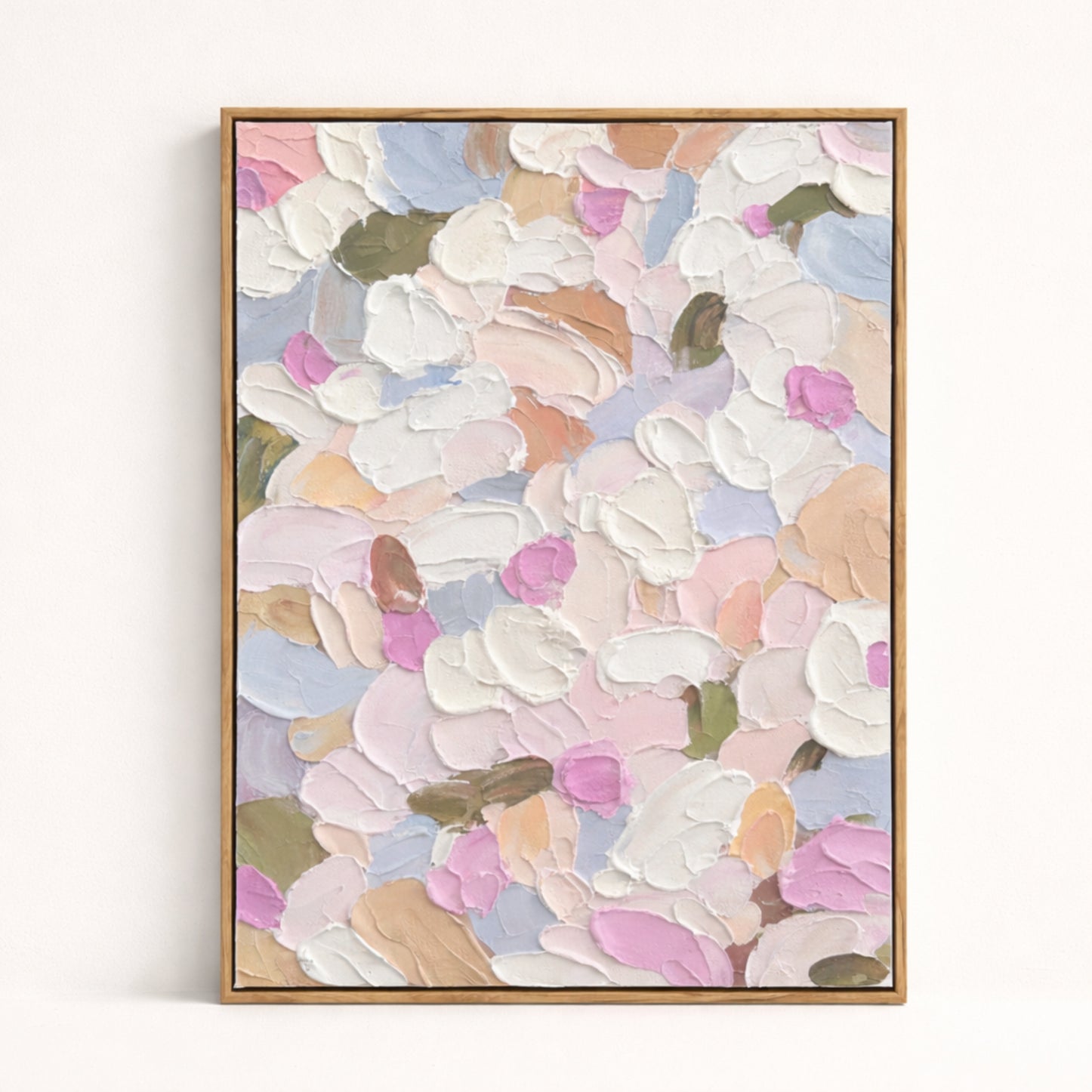 Soft Confetti hand painted oil painting 50x70cm floral wall art NZ natural wood frame front view
