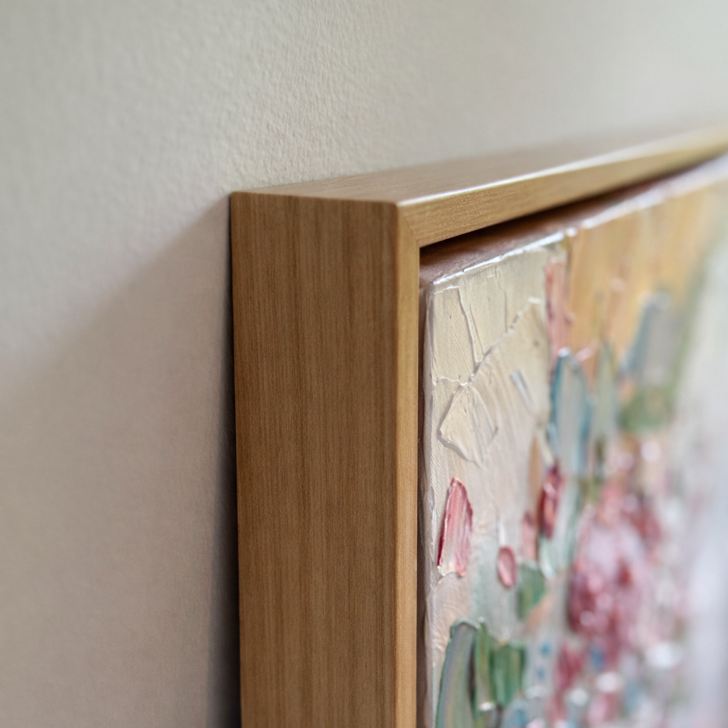 Blooming Joy natural wood frame corner detail ready to hang