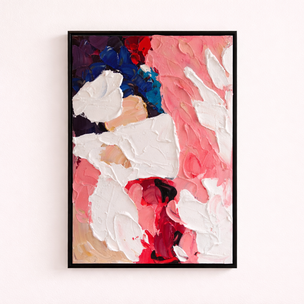 Blush & Bloom hand painted oil painting 50x70cm black wooden frame wall art NZ front view