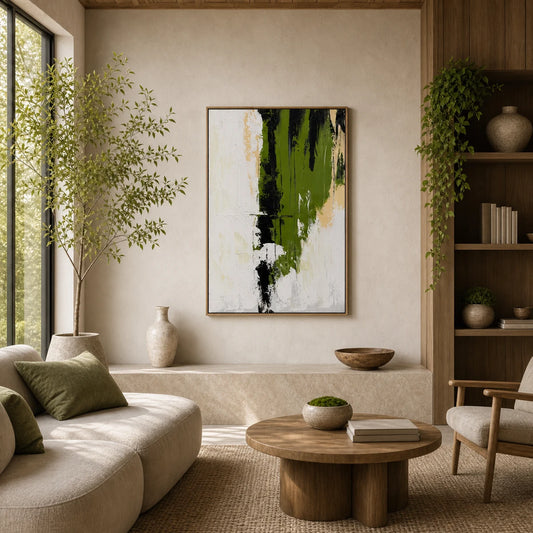 Moss Stillness Hand Painted Textured Oil Painting 70x100cm hand-painted wall art in styled room scene