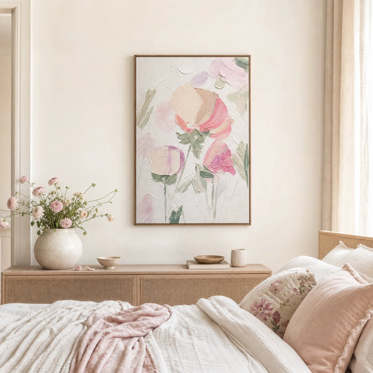Soft Bloom Hand Painted Textured Oil Painting 70x100cm hand-painted wall art in styled room scene