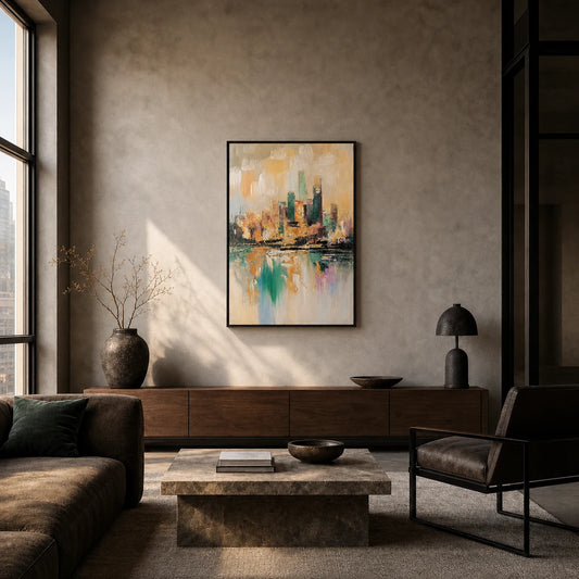 Urban Reflection Hand Painted Textured Oil Painting 70x100cm hand-painted wall art in styled room scene