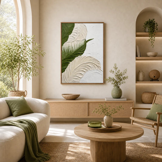 Verdant Leaves Hand Painted Textured Oil Painting 70x100cm hand-painted wall art in styled room scene