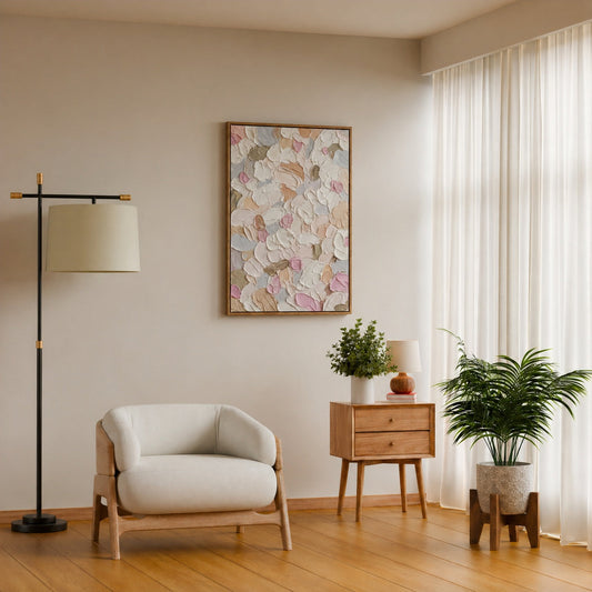 Textured hand-painted wall art styled in a modern neutral living room