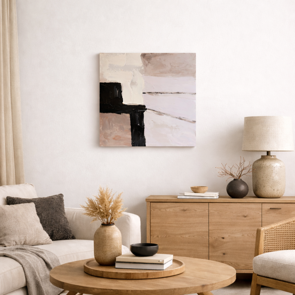 Axis I geometric hand painted wall art in minimalist NZ bedroom