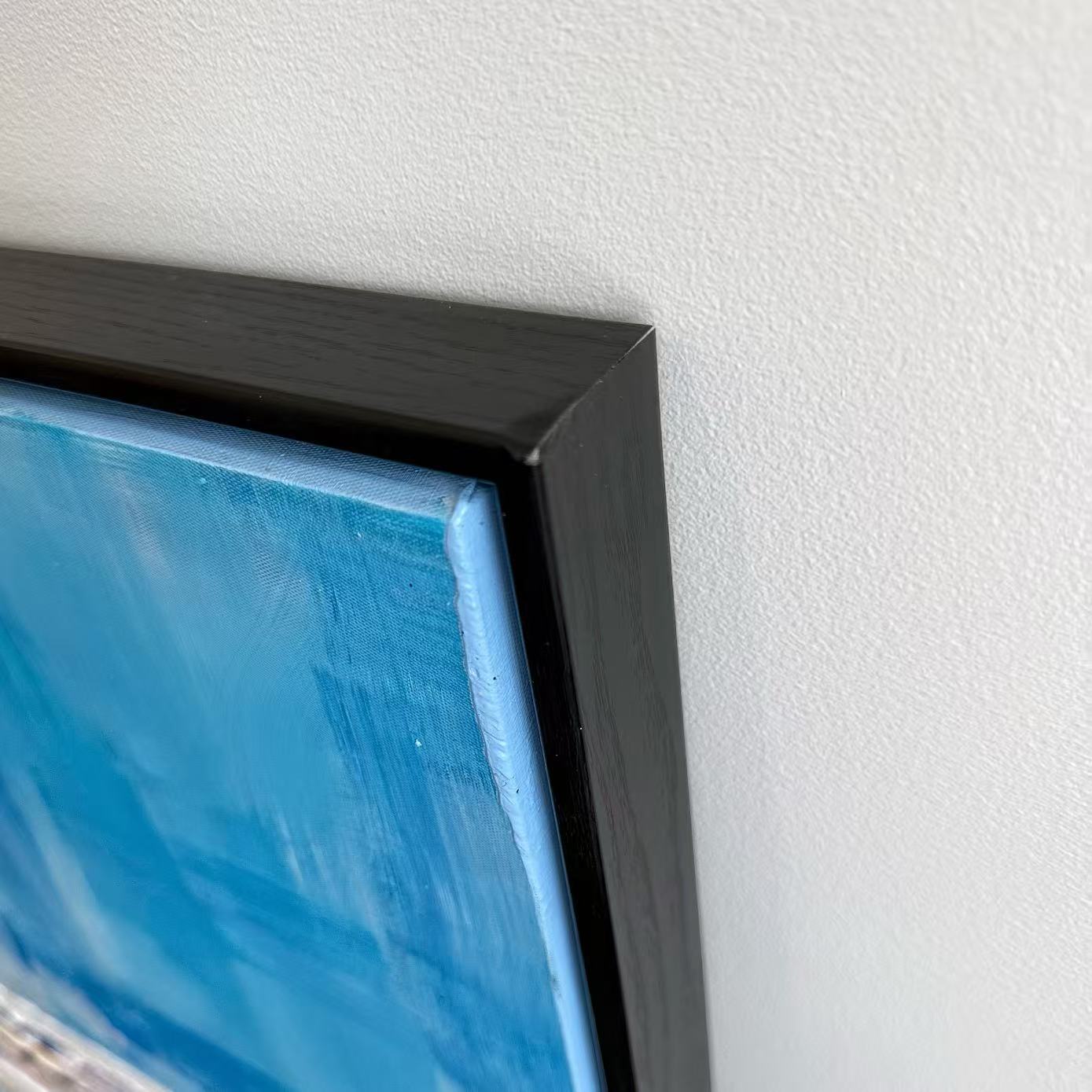 Blue Horizon black wood frame corner detail hand painted wall art NZ
