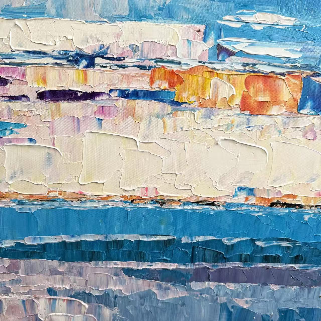 Blue Horizon textured oil painting detail coastal wall art NZ blue horizon tones