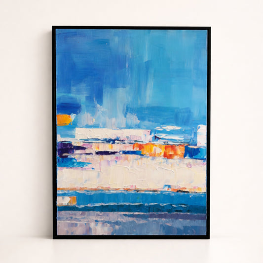 Blue Horizon hand painted oil painting 50x70cm coastal wall art NZ black wood frame front view