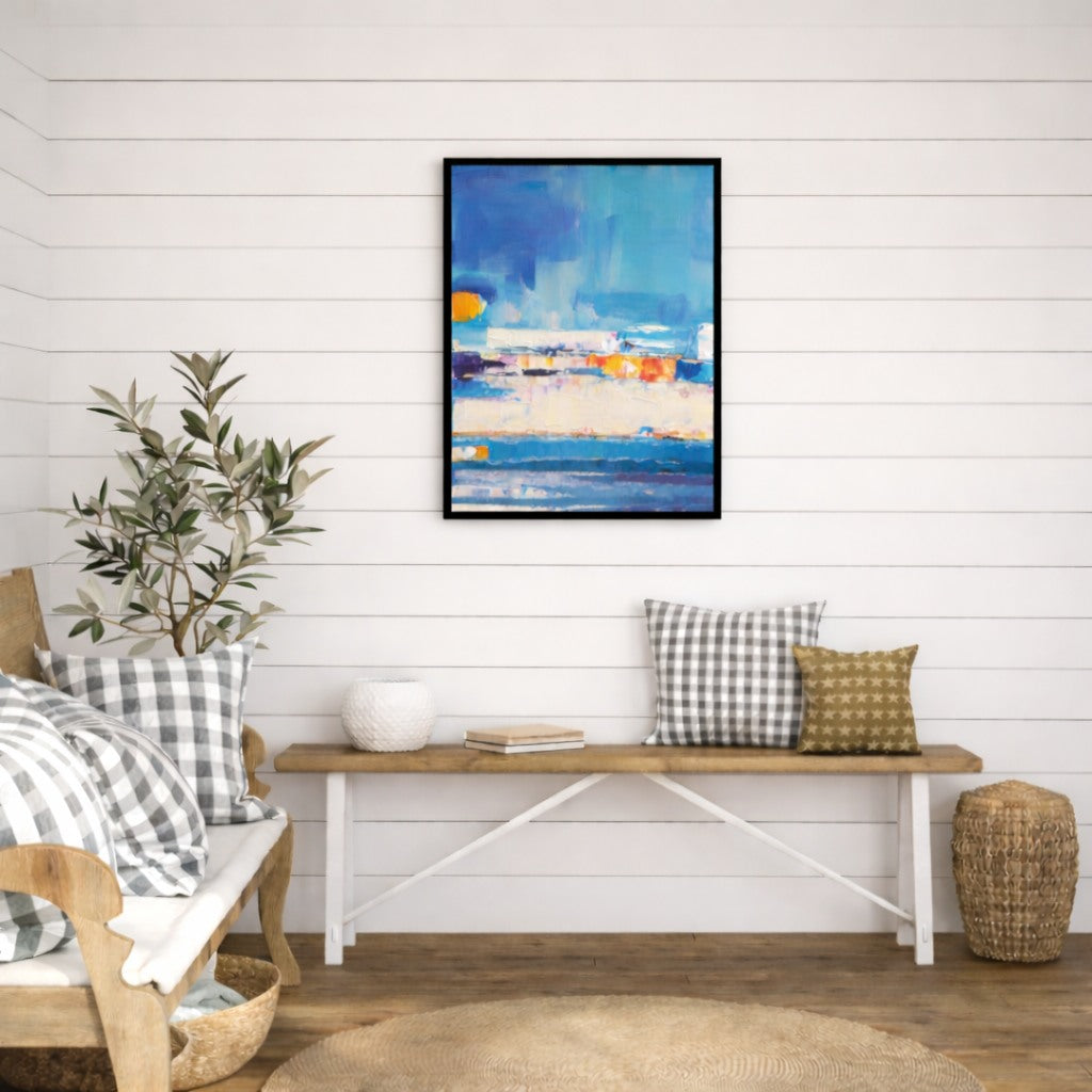 Blue Horizon hand painted coastal wall art NZ 50x70cm styled in a bright living room