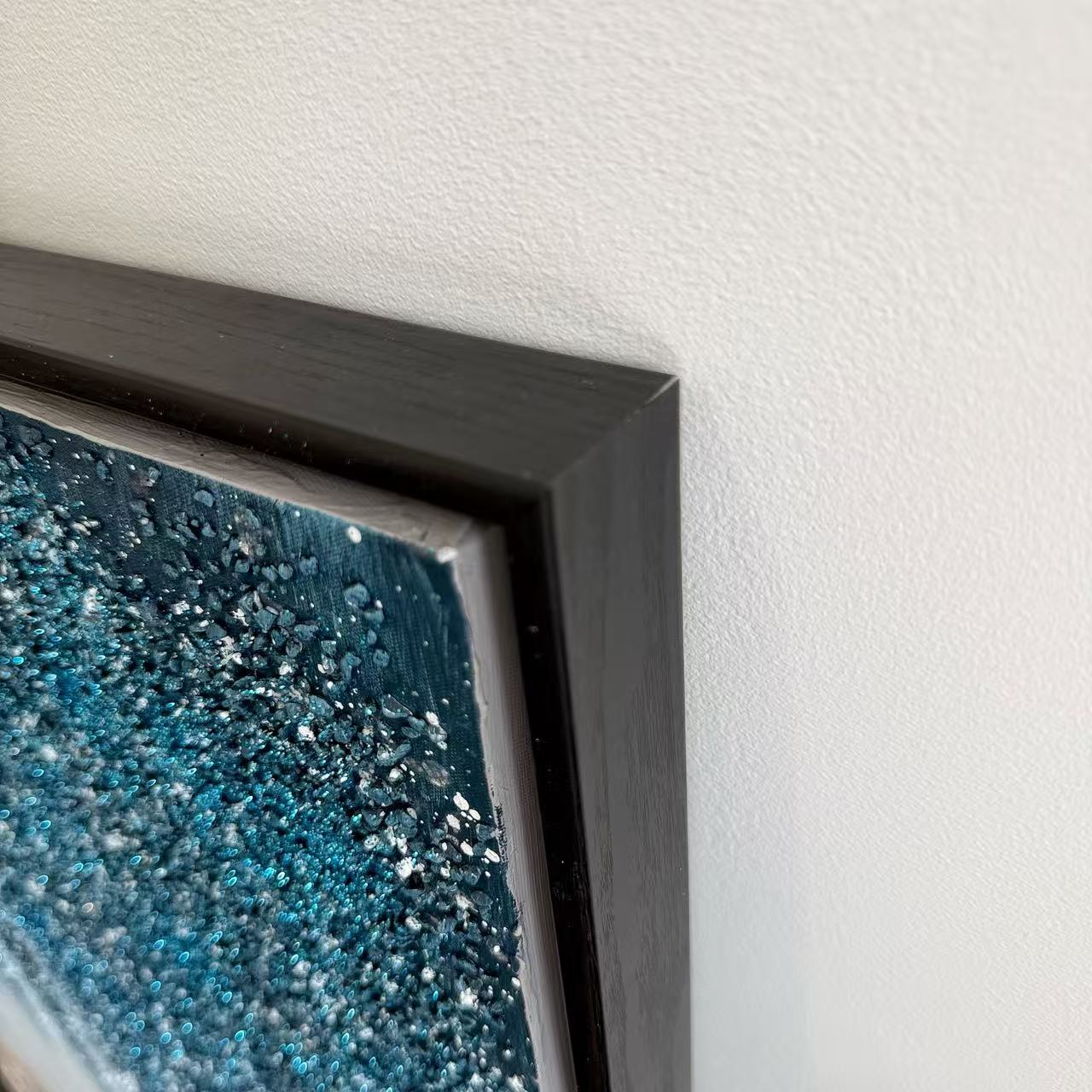 Blue Veil black wood frame corner detail hand painted wall art NZ