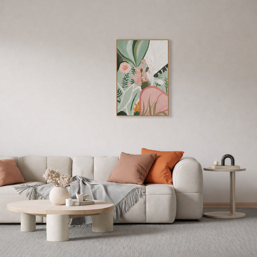 Blush Leaves hand painted botanical wall art NZ 70x100cm styled in a soft living room
