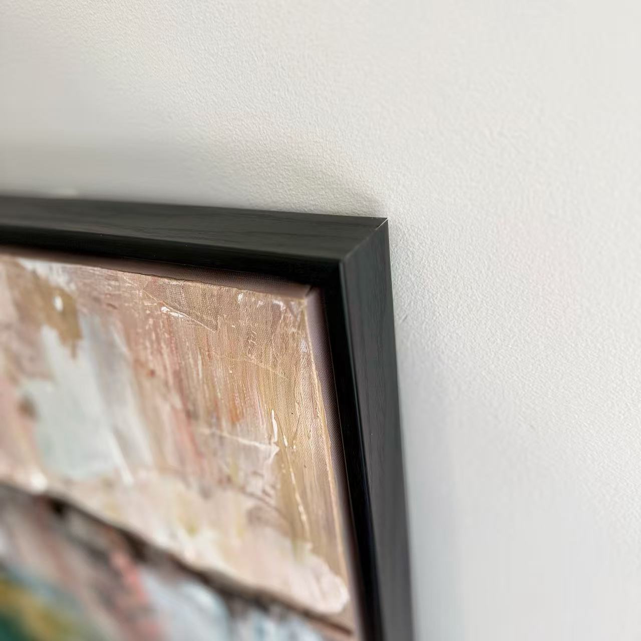 Blush and Moss black wood frame corner detail hand painted wall art NZ