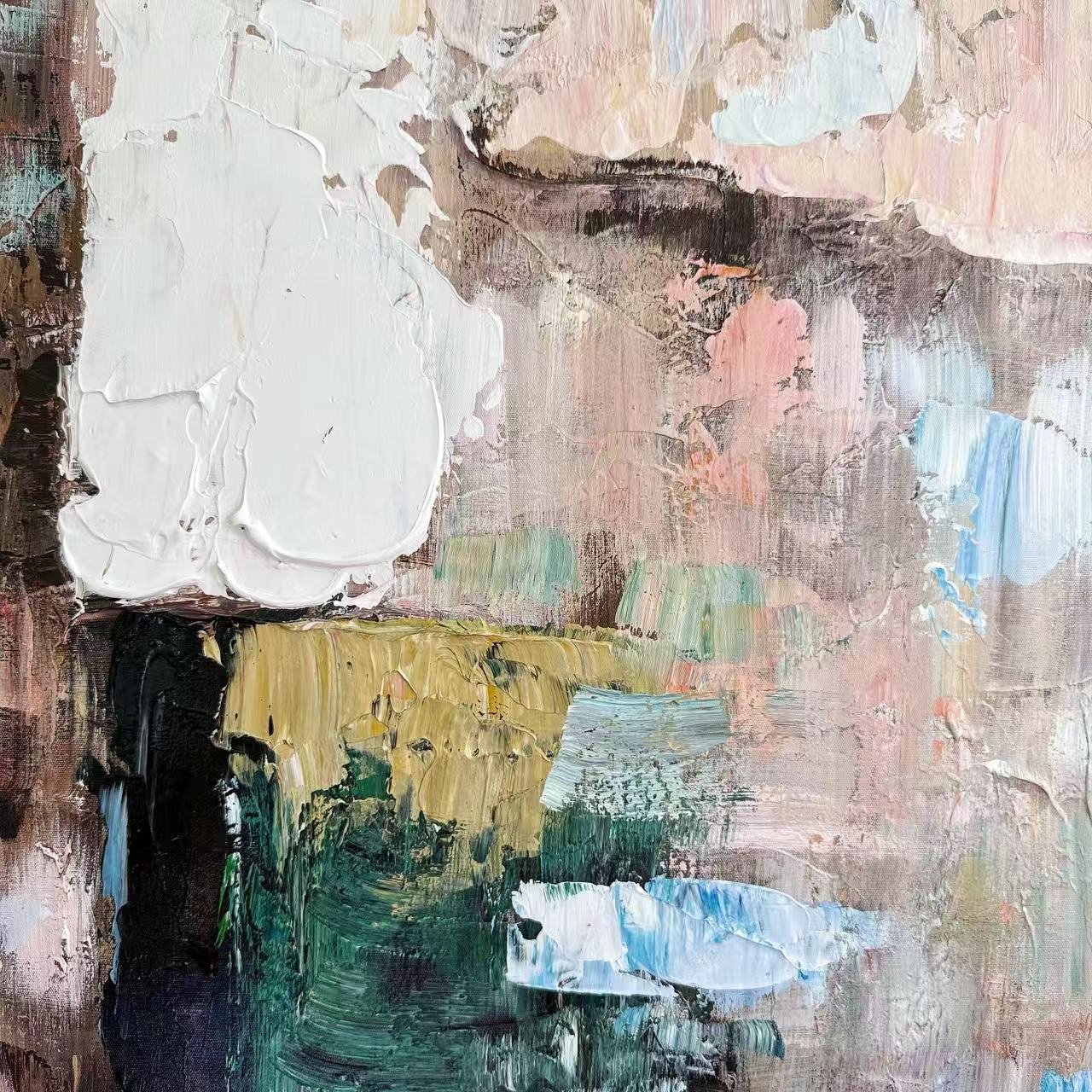 Blush and Moss textured oil painting detail abstract wall art NZ blush moss and charcoal tones