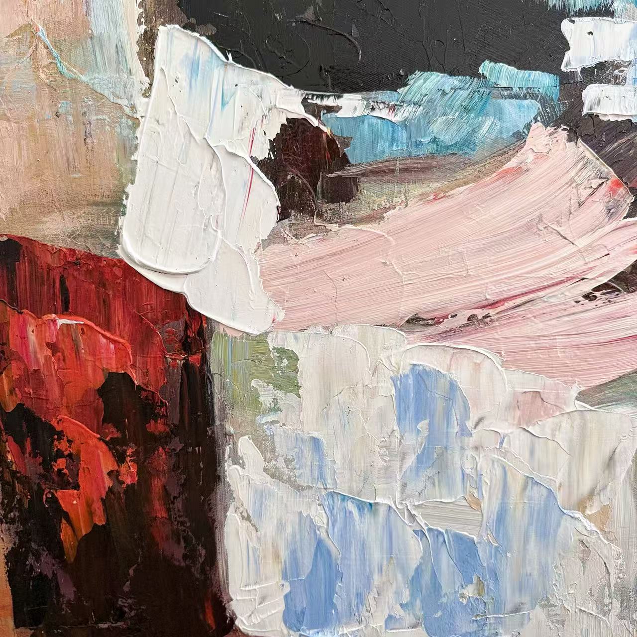 Blush and Moss textured oil painting detail abstract wall art NZ blush moss and charcoal tones