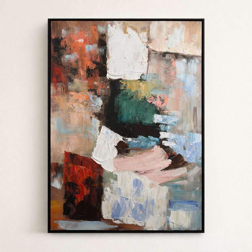 Blush and Moss hand painted oil painting 70x100cm abstract wall art NZ black wood frame front view