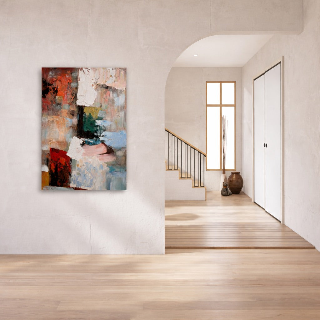 Blush and Moss hand painted abstract wall art NZ 70x100cm styled in a modern hallway