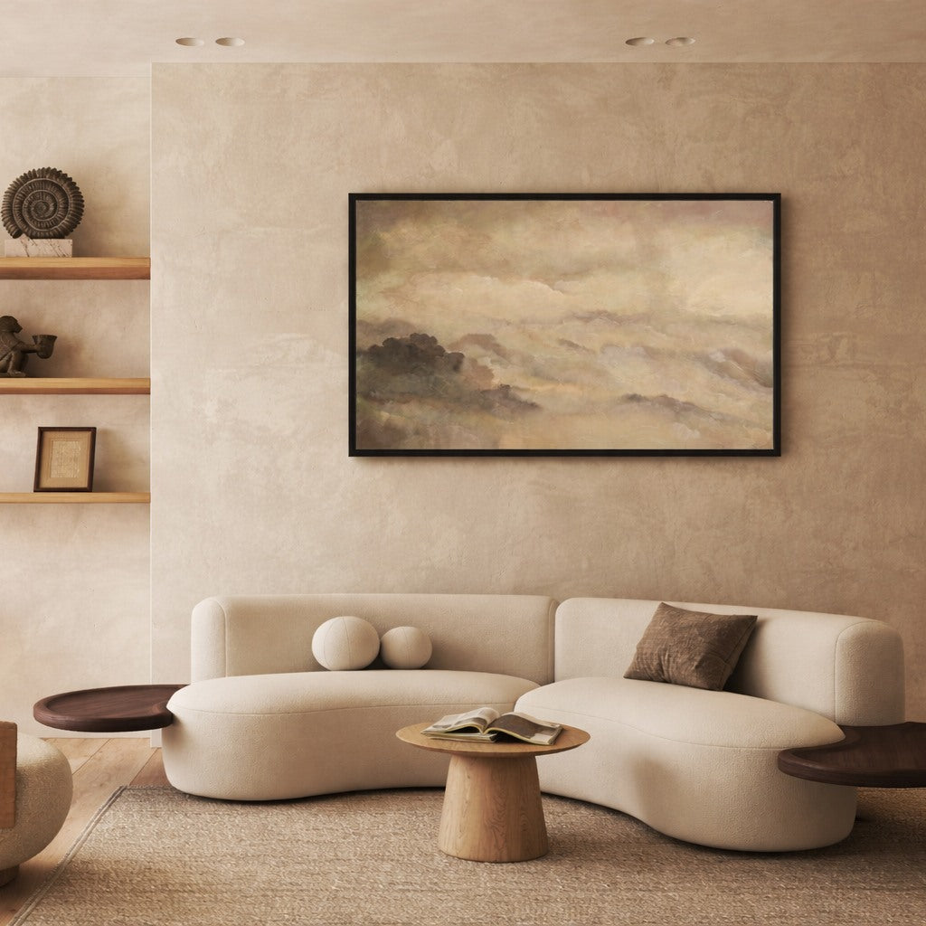 Cloud Study hand painted landscape wall art NZ 70x50cm styled in a calm neutral room
