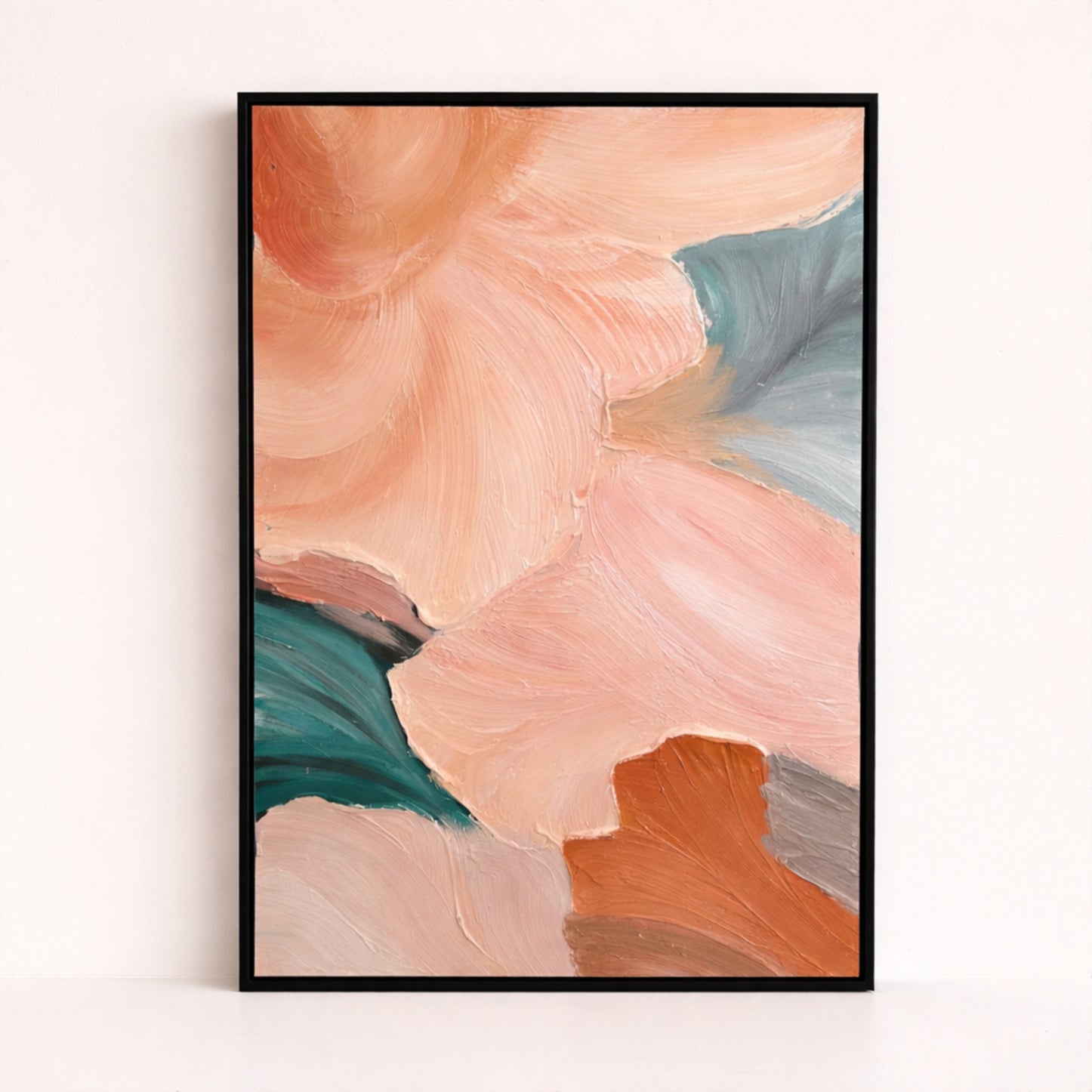 Coral Bloom hand painted oil painting 50x70cm abstract wall art NZ black wood frame front view