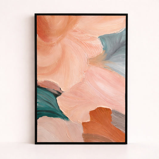 Coral Bloom hand painted oil painting 50x70cm abstract wall art NZ black wood frame front view