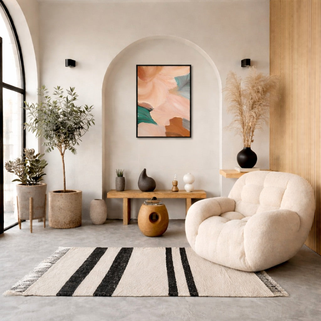 Coral Bloom hand painted abstract wall art NZ 50x70cm styled in a warm interior