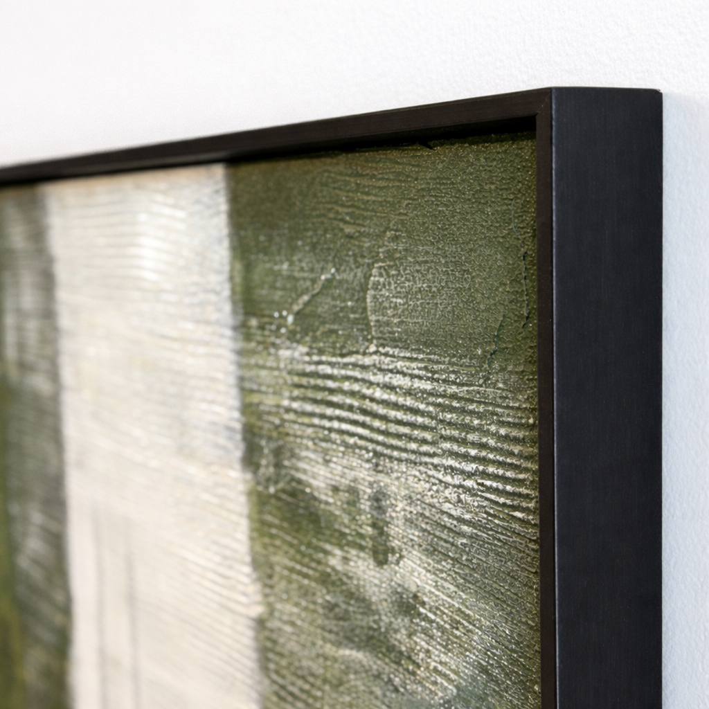 Forest Mist black frame corner detail ready to hang