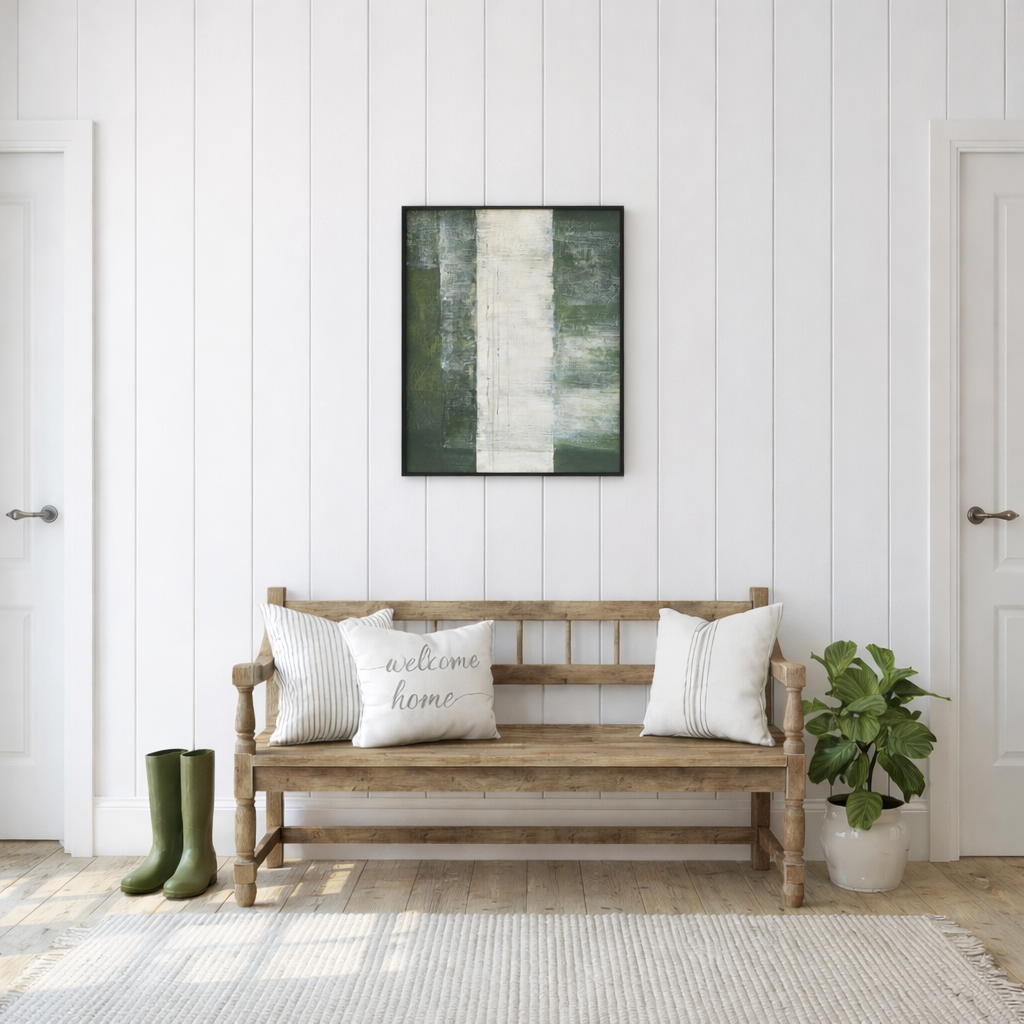 Forest Mist nature wall art in serene living room black frame