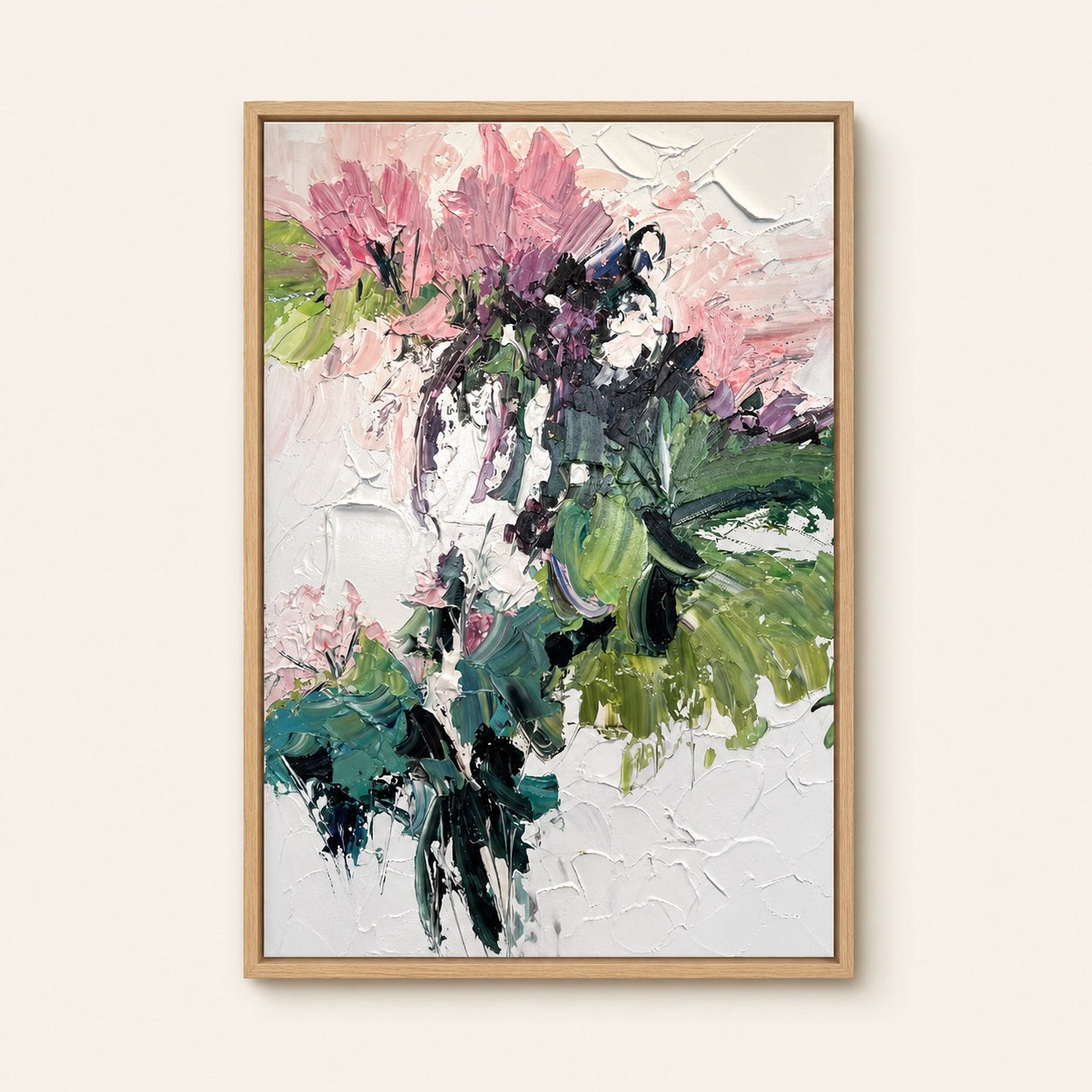 Manuka Flush hand-painted textured abstract wall art with blush pink manuka-inspired petals, layered green brushwork, and a natural wood frame.
