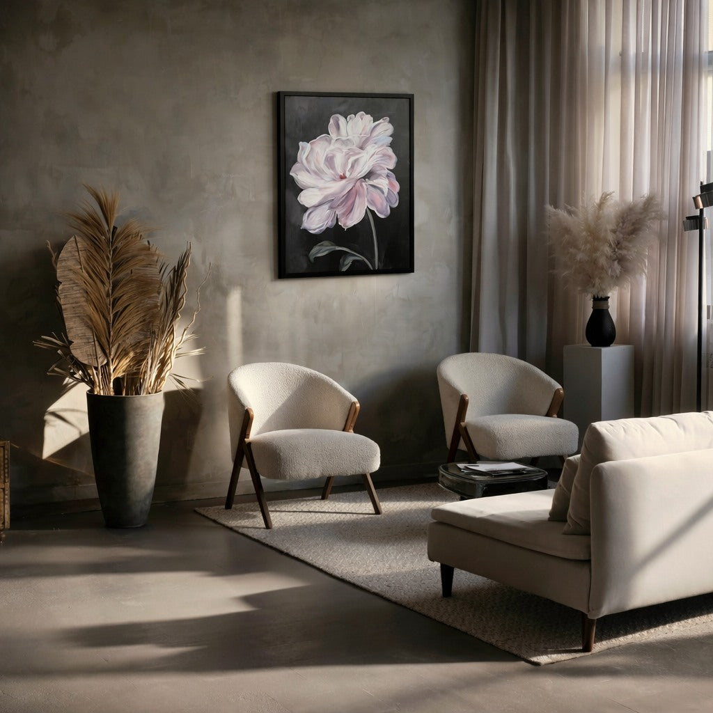 Moon Bloom hand painted floral wall art 50x70cm styled in an elegant living room