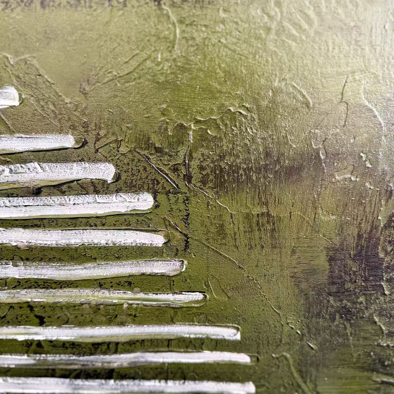 Olive Lines textured oil painting detail minimalist wall art NZ olive green and ivory pattern