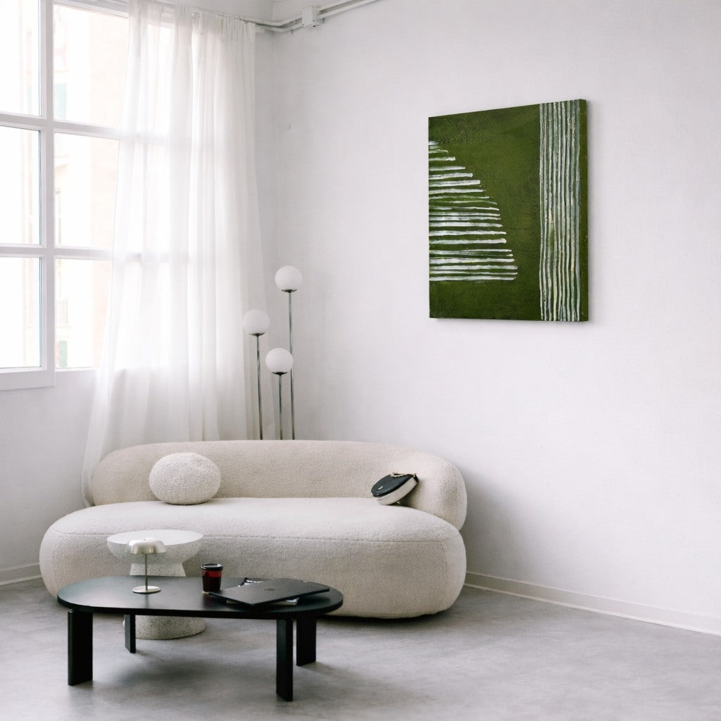live Lines hand painted minimalist wall art NZ 40x60cm styled in a modern bedroom