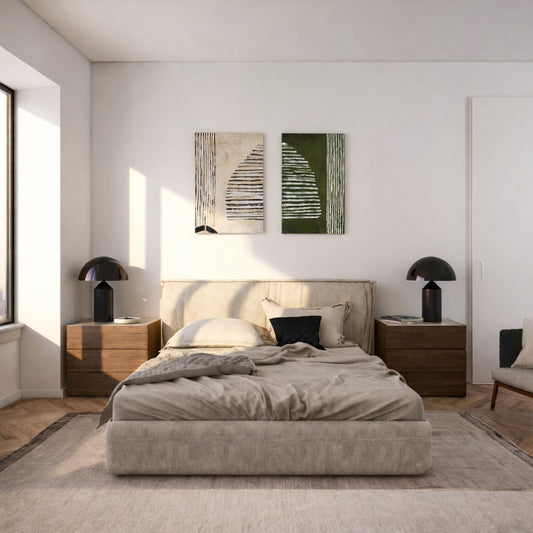 Olive Lines and Silent Arch hand painted minimalist wall art NZ styled together in a bedroom