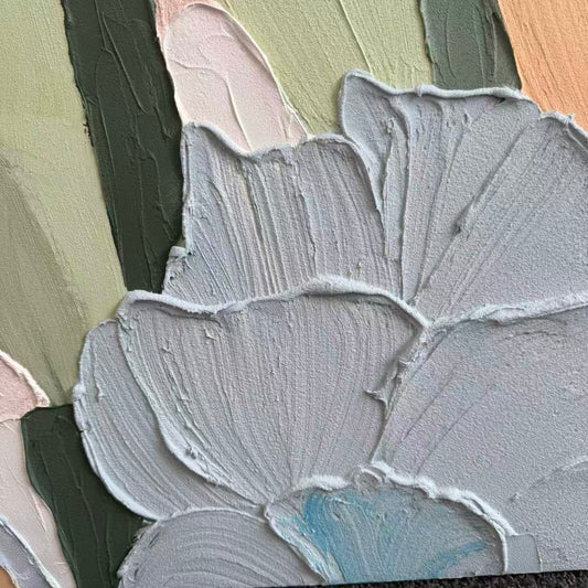 Petal Light textured oil painting detail floral wall art blush peach and blue petals