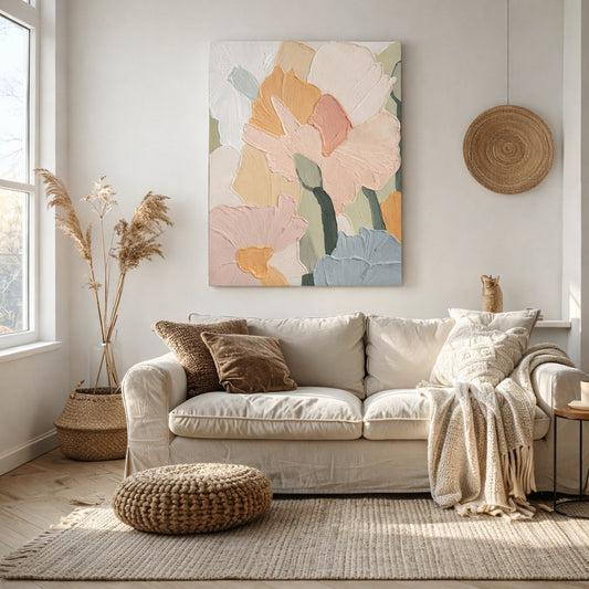 Petal Light hand painted floral wall art 70x100cm styled above a cream sofa