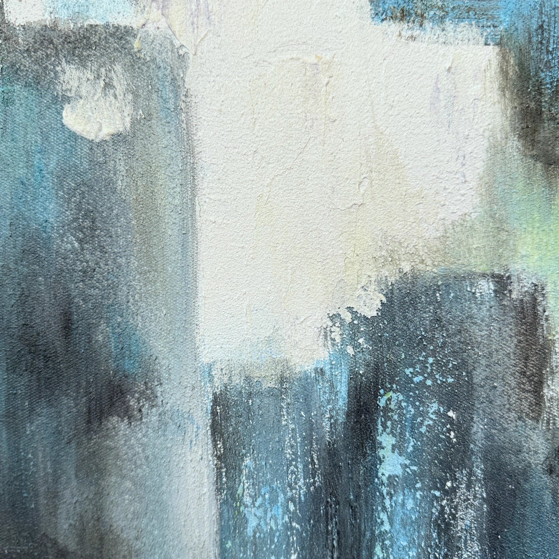 Close-up of Blue Ink textured oil painting with blue, black, and ivory brushwork