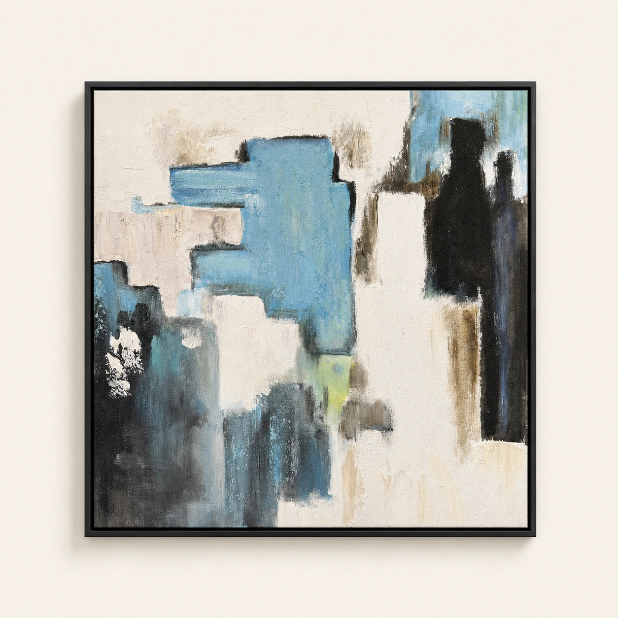 Blue Ink hand-painted textured abstract wall art with lake-blue, black, and white ink-wash movement