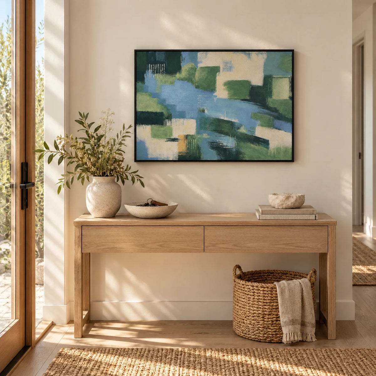 Blue Spring hand-painted textured oil painting in a softly lit styled room