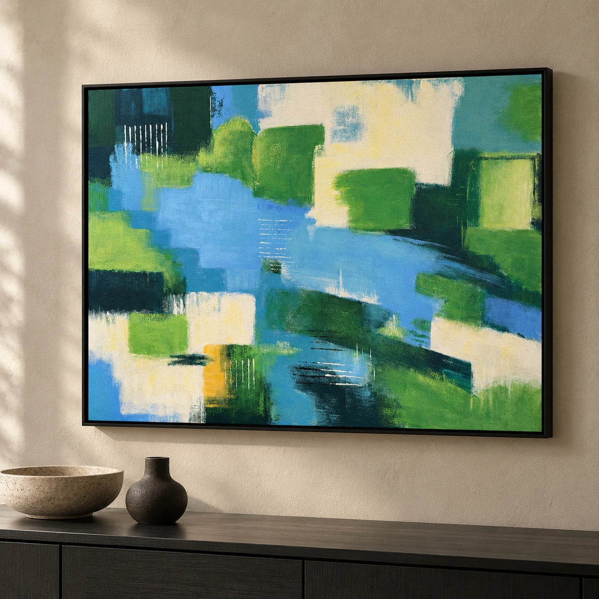 Blue Spring hand-painted abstract wall art in a styled New Zealand room scene