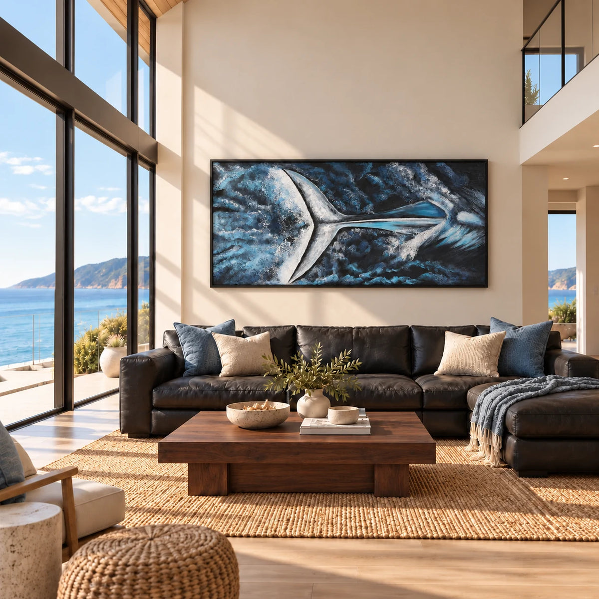 Blue Whales 160 x 80 cm hand-painted whale wall art in a styled coastal living room