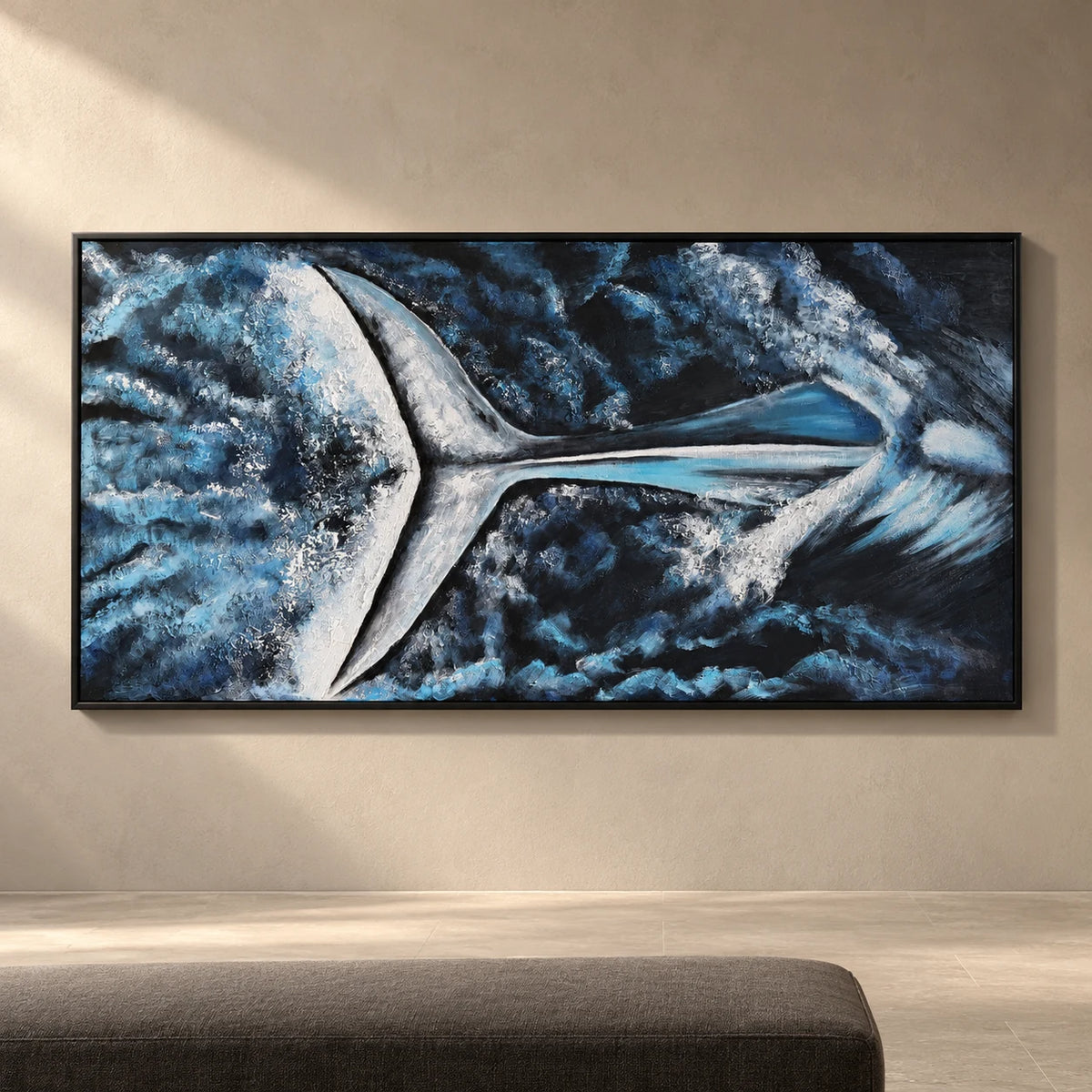 Blue Whales 160 x 80 cm hand-painted textured oil painting in a contemporary gallery