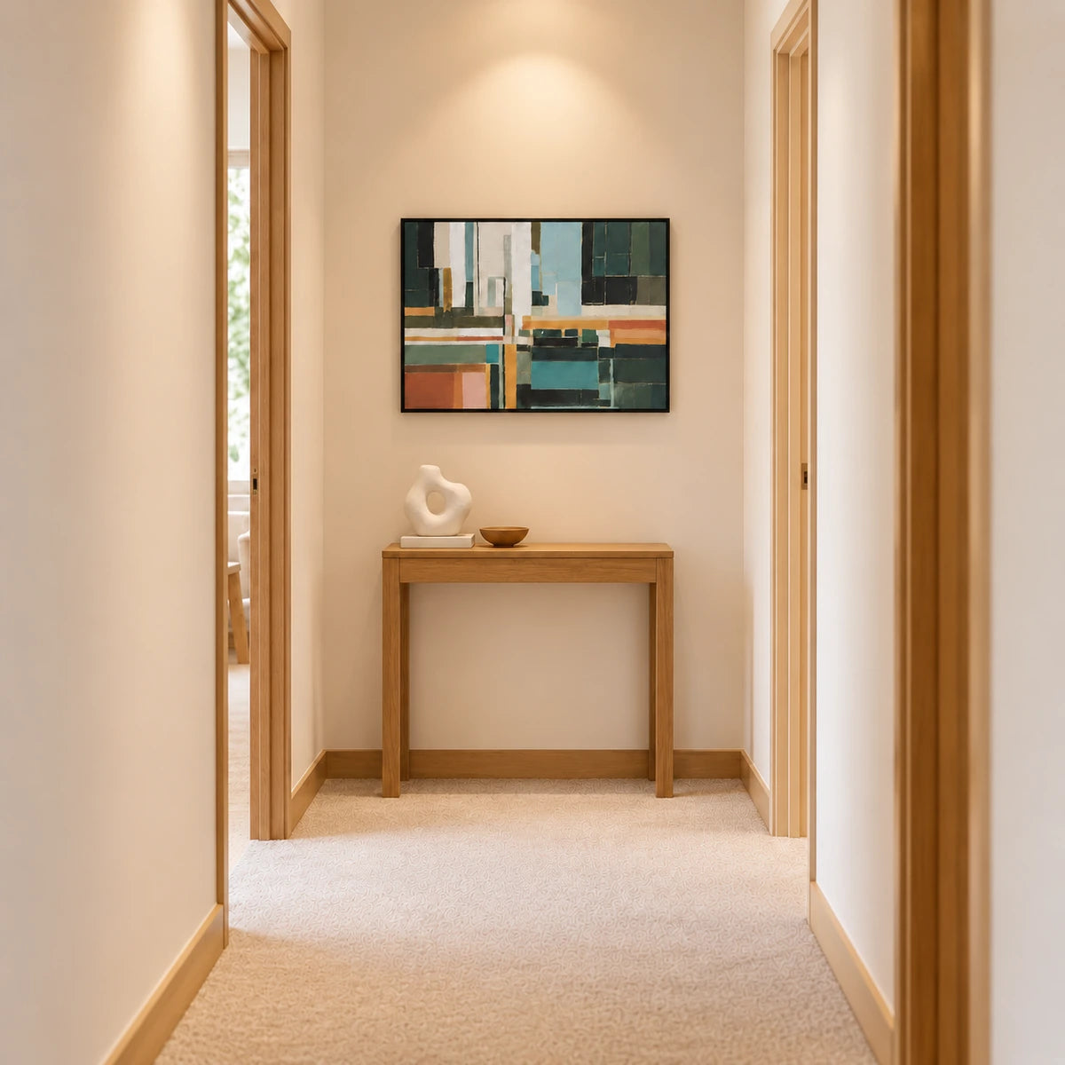 Geothermal Order 100 x 70 cm hand-painted wall art in an architectural hallway