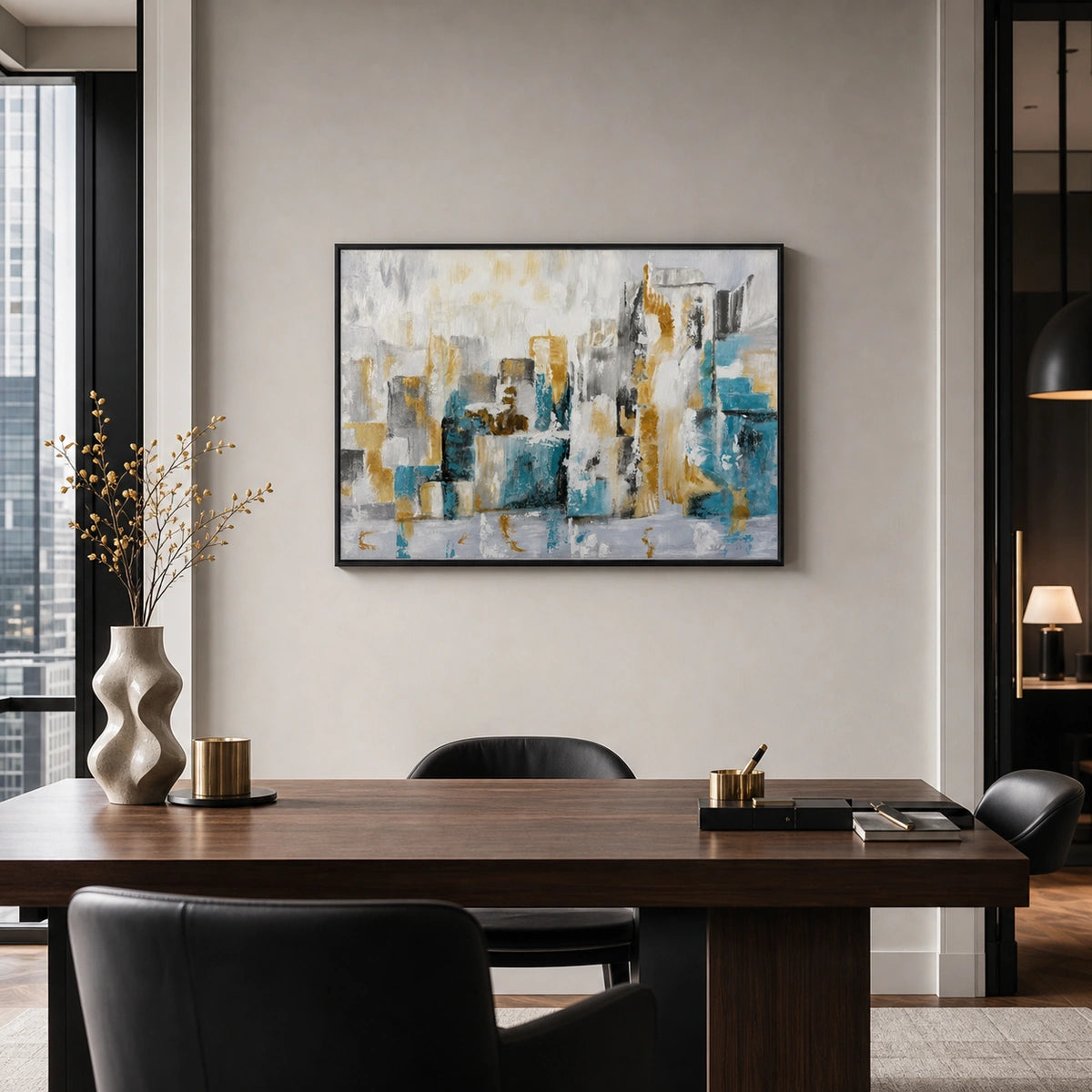 Gilded City 100x70cm hand-painted wall art in styled room scene