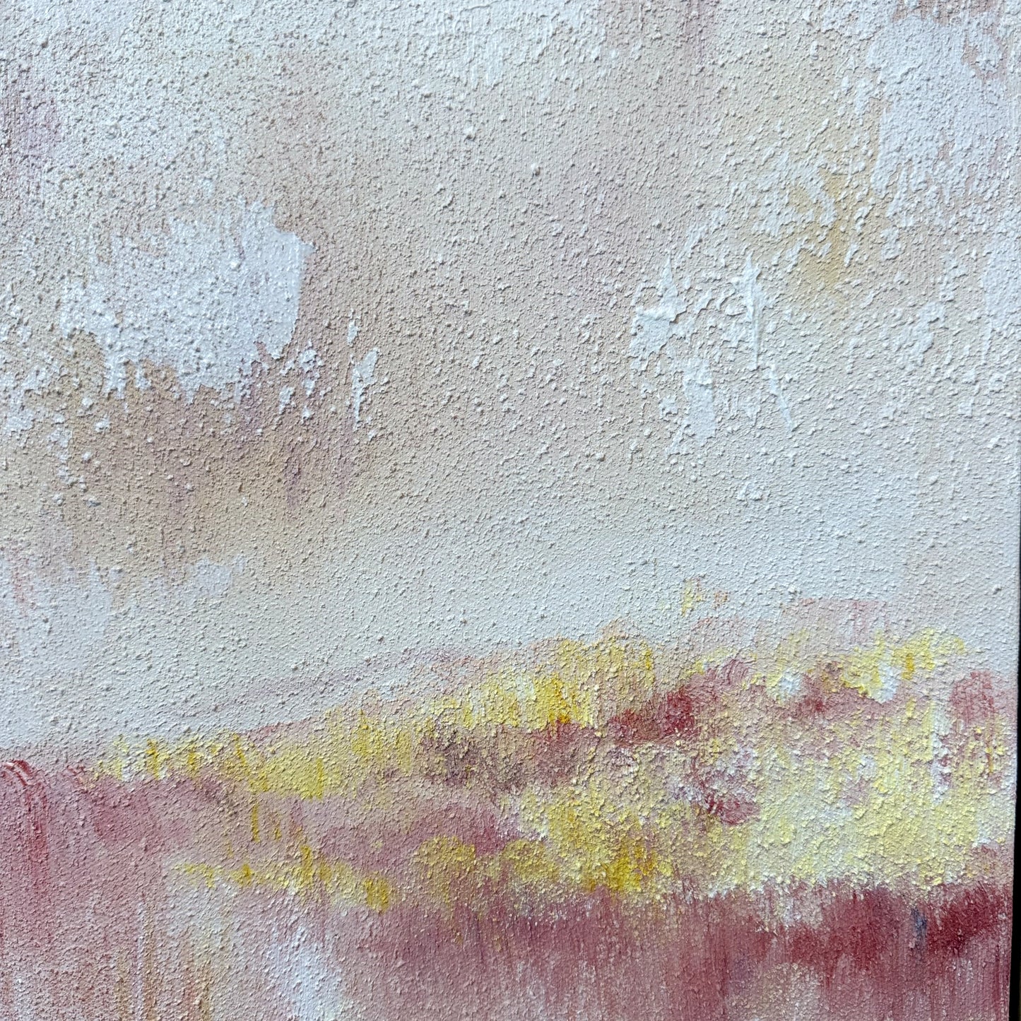 Second close-up of Gilded Shore textured oil painting with soft pink, ivory, and raised gold detail