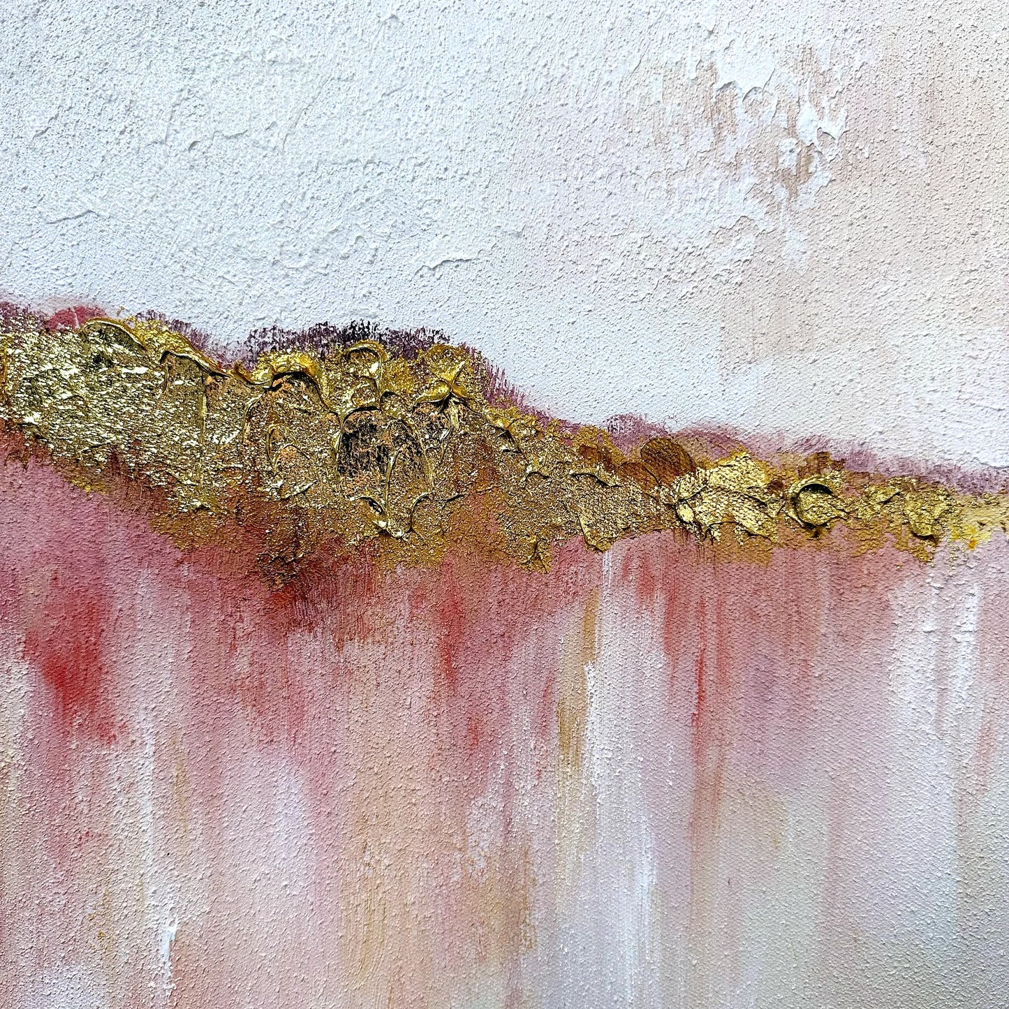 Close-up of Gilded Shore textured oil painting with raised gold detail and soft pink brushwork